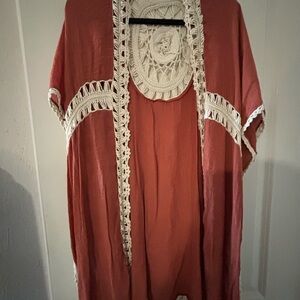 Women's Coral Kimono with Lace Trim